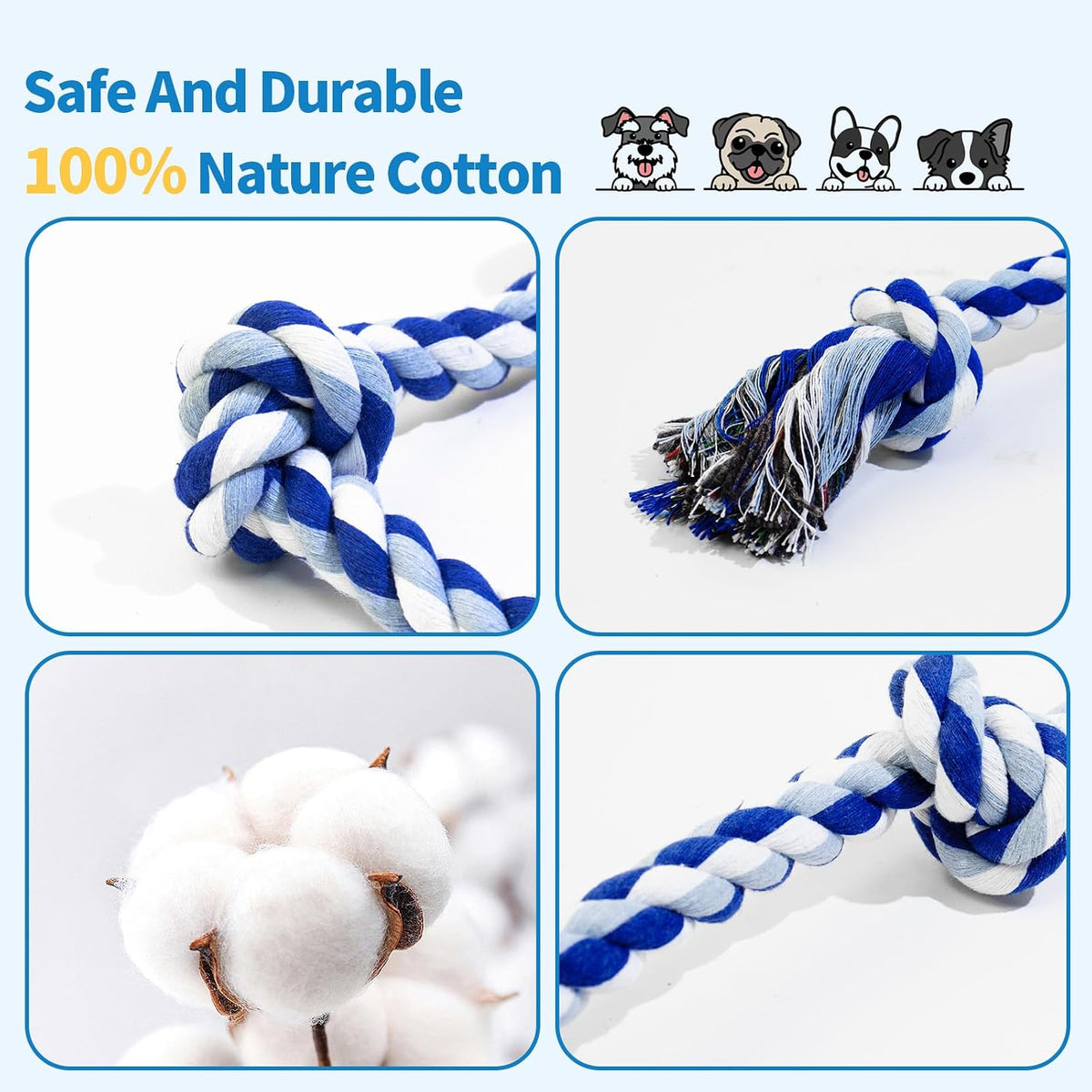 Close-up of the tightly woven natural cotton fiber knots on the premium WDZZHOT dog chew toy.