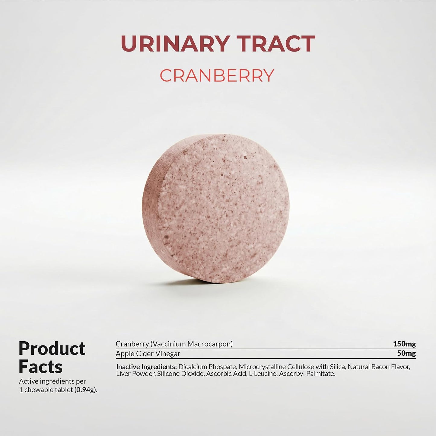 Dog urinary tract infection supplement bottle with 120 chewable liver and bacon flavored tablets.