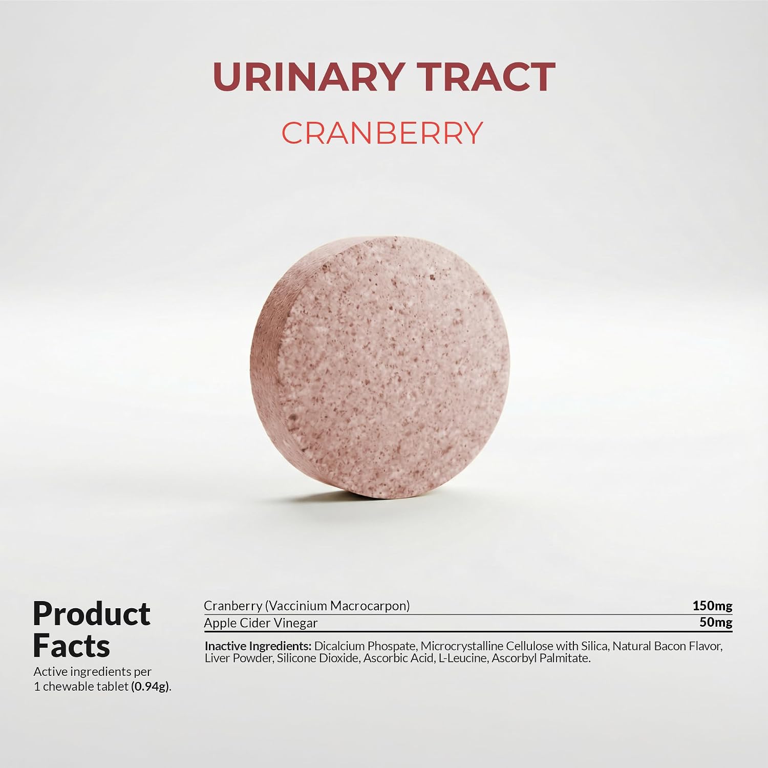 Dog urinary tract infection supplement bottle with 120 chewable liver and bacon flavored tablets.