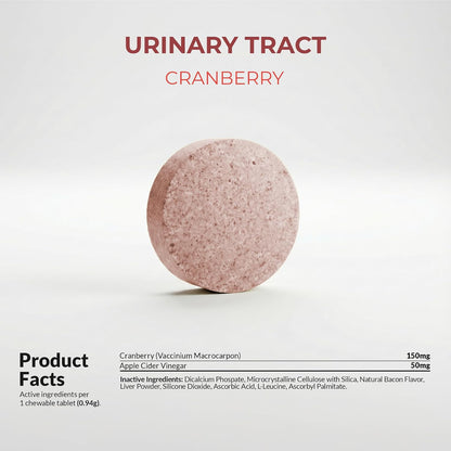 Dog urinary tract infection supplement bottle with 120 chewable liver and bacon flavored tablets.