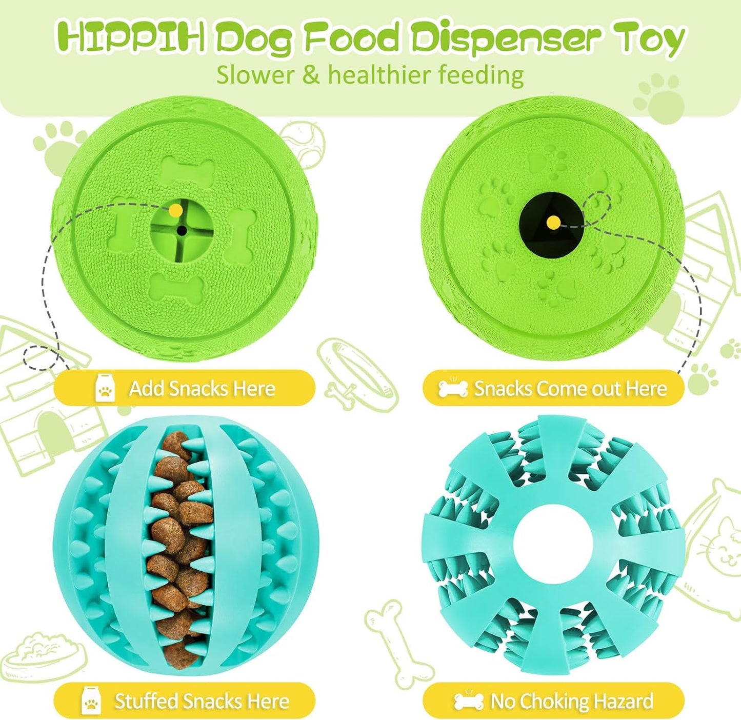 HIPPIH Dog Puzzle Toy 2 Pack, Interactive Dog Toys for Treat Dispensing, Durable Puppy Toys for Teething, Dog Treat Ball for Teeth/Slow Feeder/IQ Training/Playing, Blue-2.75'', Green-3.14'' - Image 9