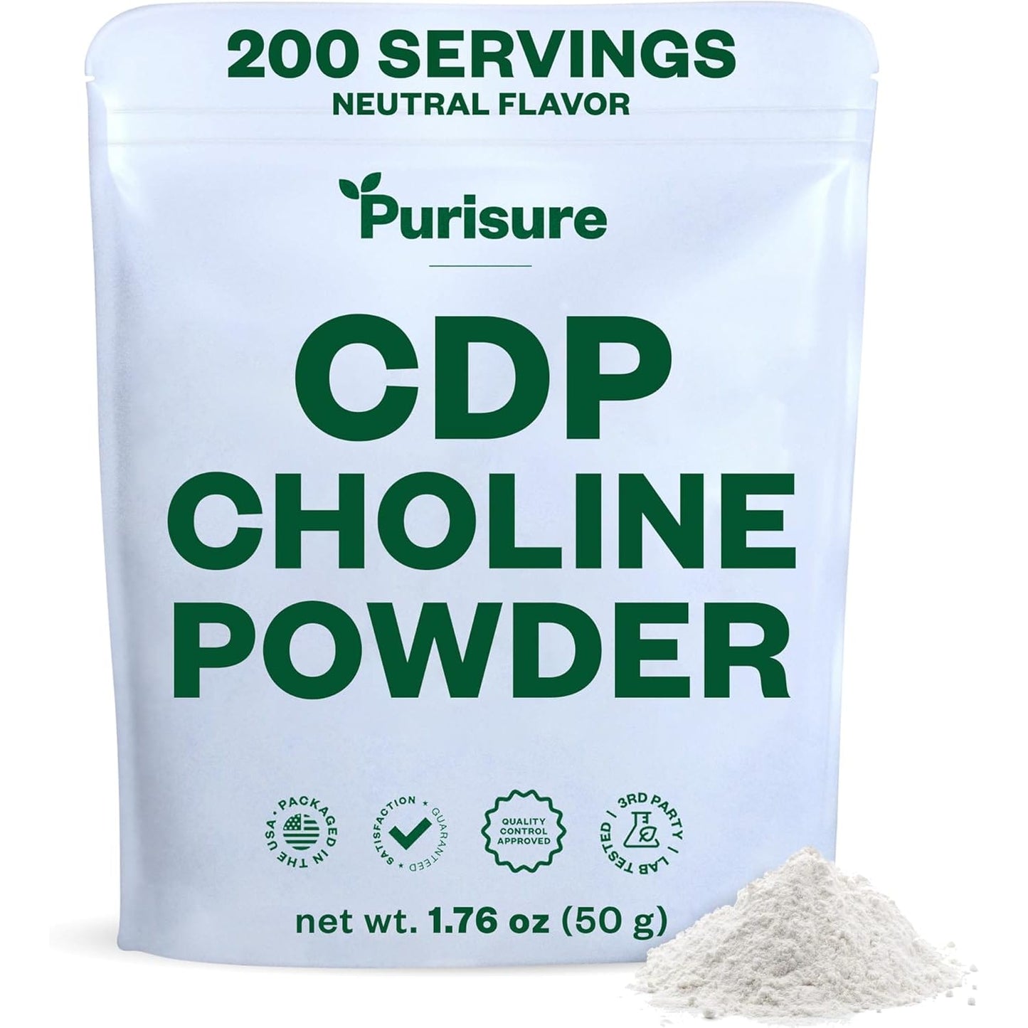 Purisure CDP Choline Powder 50g front view packaging showing authentic USA imported brain supplement pouch.