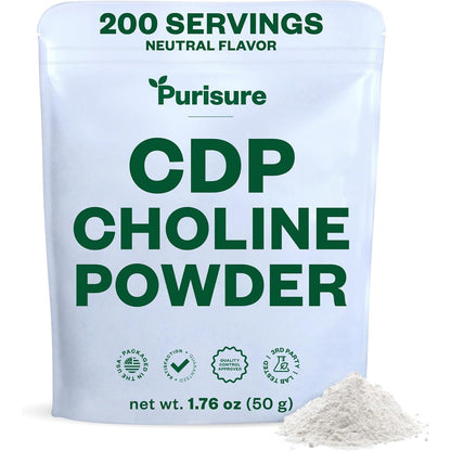 Purisure CDP Choline Powder 50g front view packaging showing authentic USA imported brain supplement pouch.