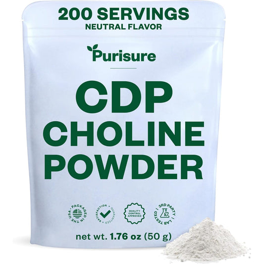 Purisure CDP Choline Powder 50g front view packaging showing authentic USA imported brain supplement pouch.