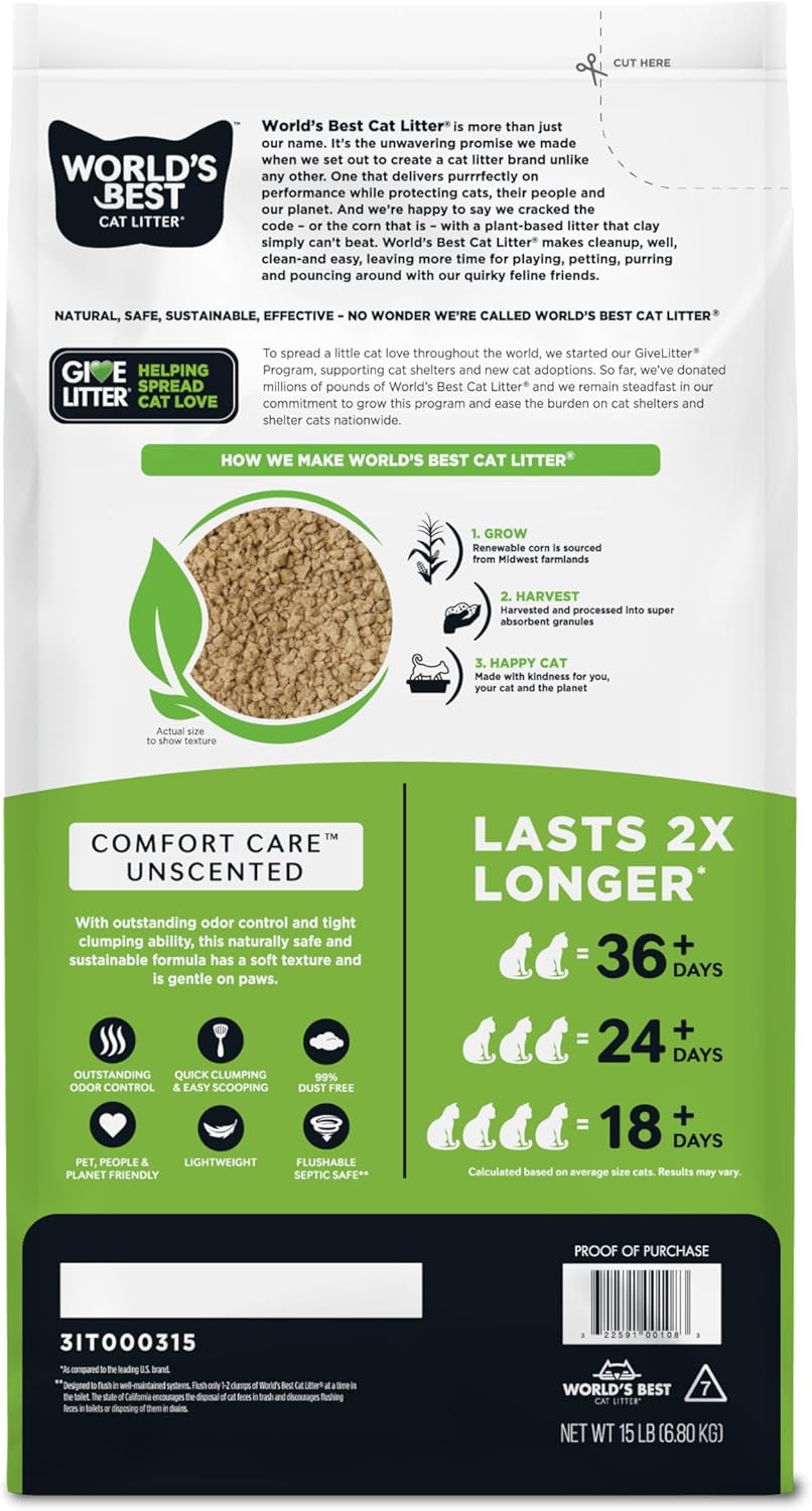 World's Best Cat Litter Comfort Care Unscented natural corn texture close-up