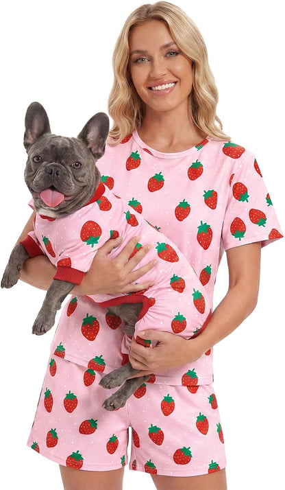 XPUDAC matching dog and owner strawberry pajama women set front view