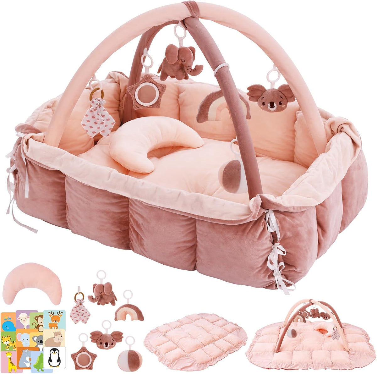 Foryoomi baby play gym front view showcasing the pink activity mat and arches.