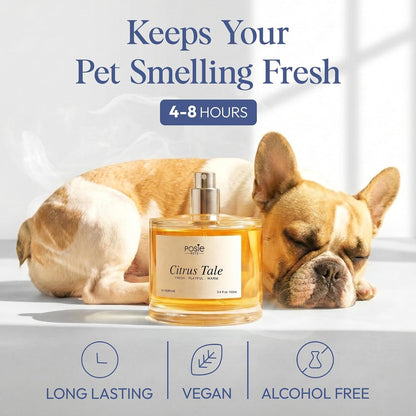 Posie Pets pet cologne bottle on a grooming background