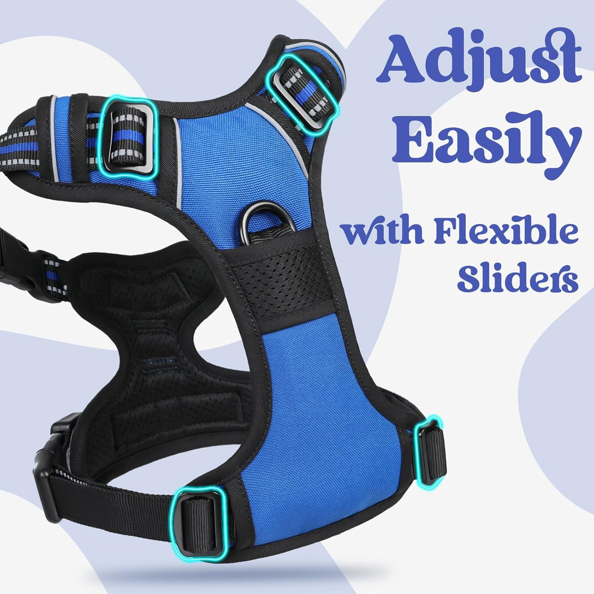 Blue pet walking vest with dual metal leash clips for large dogs