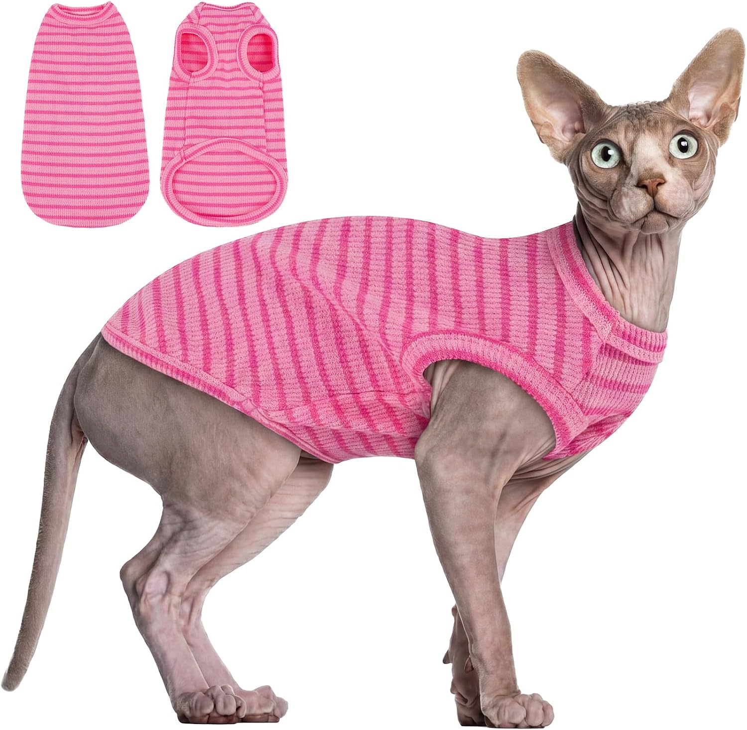 BRKURLEG Sphynx Hairless Cats Shirt Puppy Clothes Soft Cotton T-Shirts Cute Cats Pajamas Cat Stripes Vest Pet Sweater, Round Collar Vest Kitten Shirts(Red Stripes, XL) - Image 11
