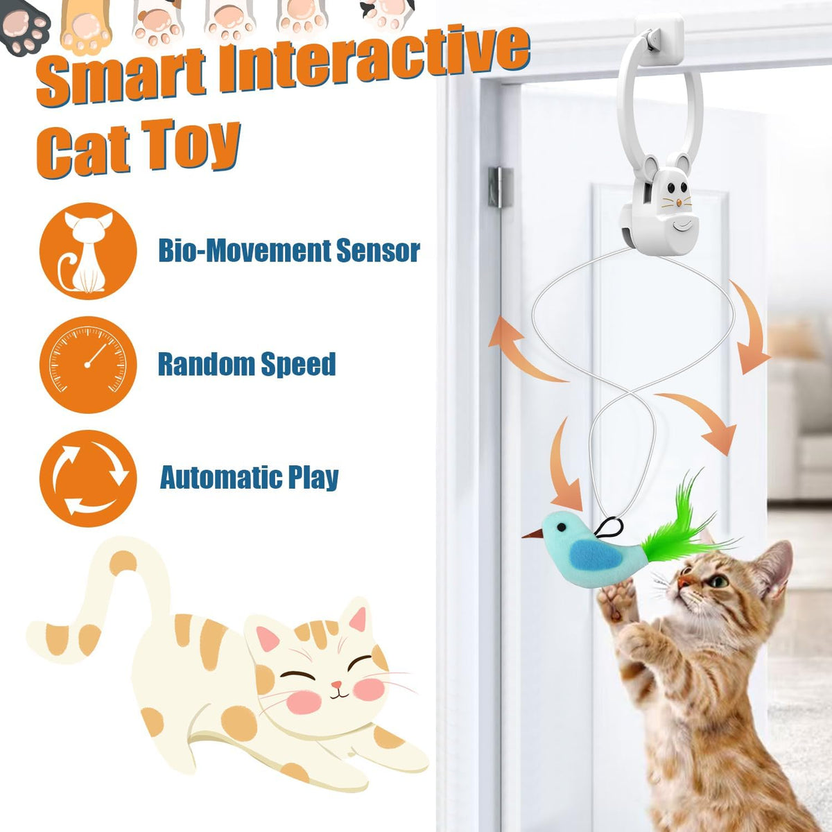 Automatic flying bird feather wand toy showcasing the universal mounting clamp.