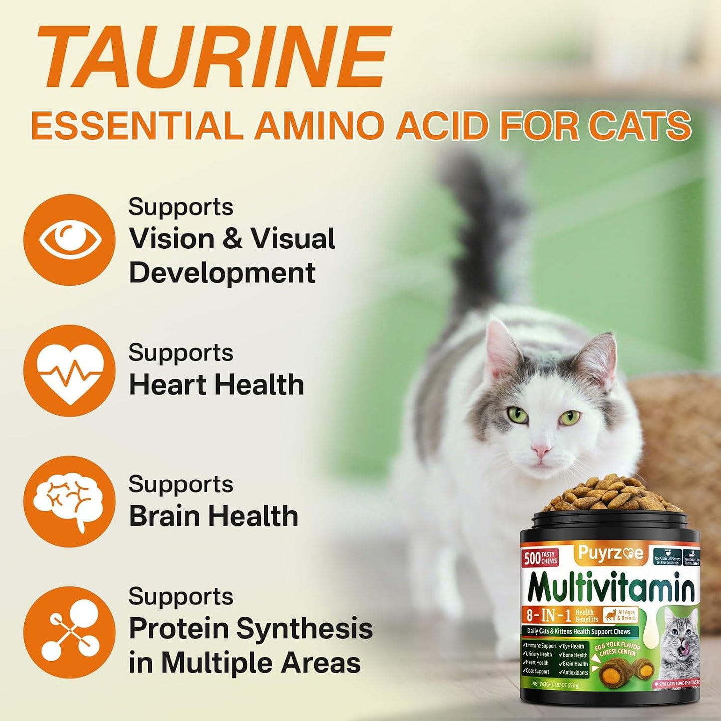 Feline multivitamin 500 count bottle showing nutritional details