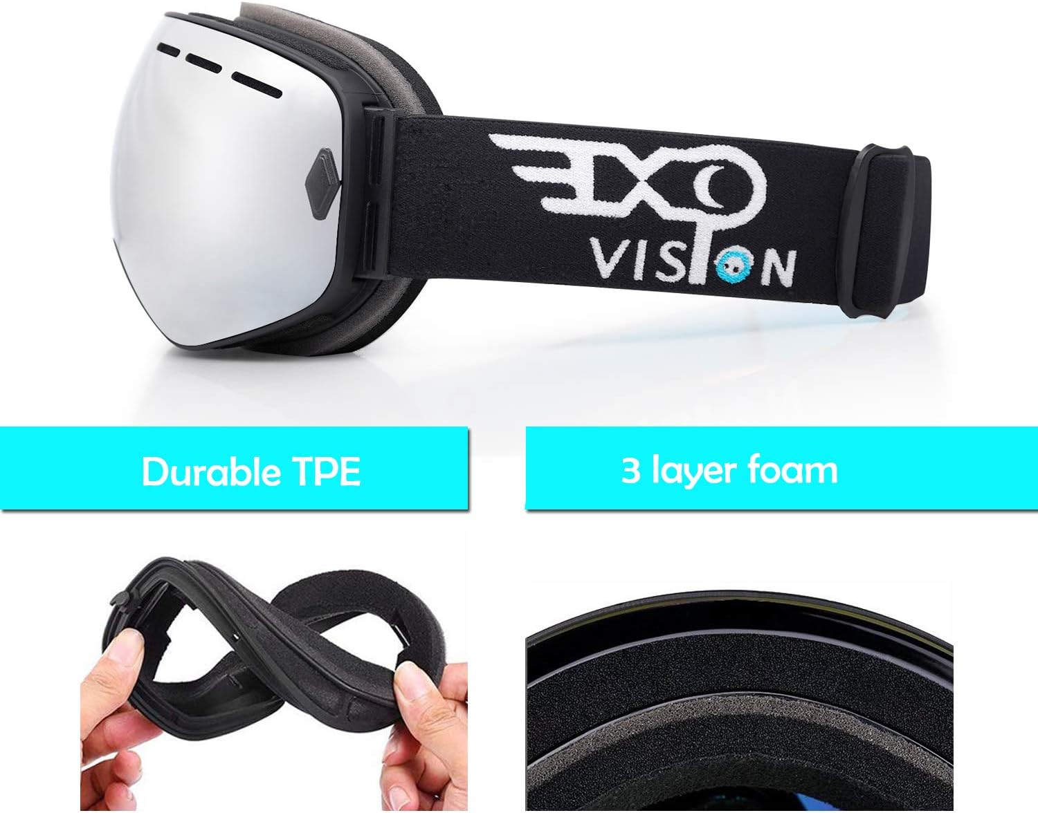 EXP VISION Winter Sports Goggles showing the triple layer face foam and venting channels.