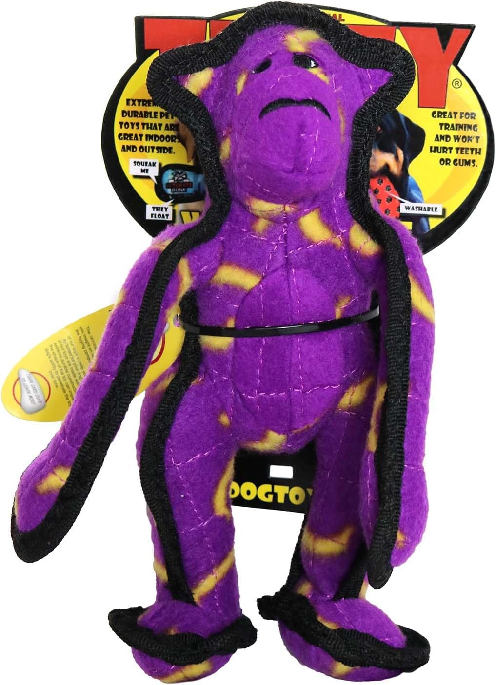 Dog playing with Tuffy Zoo Junior Monkey toy
