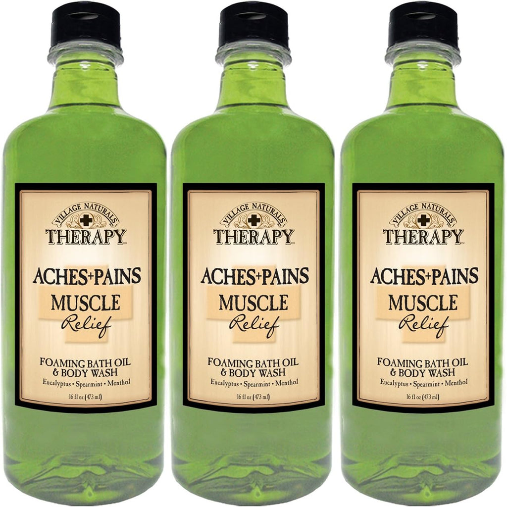 Village Naturals Therapy Aches And Pains Muscle Relief Foaming Bath Oil And Body Wash front view bottles