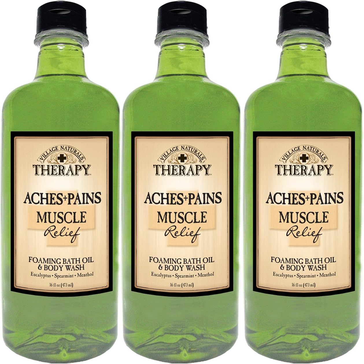 Village Naturals Therapy Aches and Pains Muscle Relief Foaming Bath Oil and Body Wash front view of three bottles for muscle recovery.
