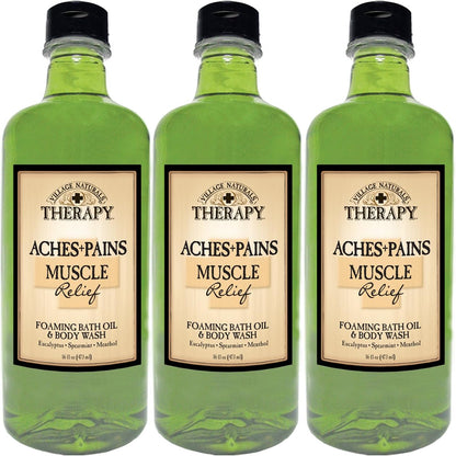 Village Naturals Therapy Aches and Pains Muscle Relief Foaming Bath Oil and Body Wash front view of three bottles for muscle recovery.