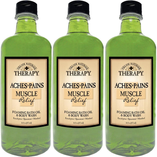Village Naturals Therapy Aches and Pains Muscle Relief Foaming Bath Oil and Body Wash front view of three bottles for muscle recovery.