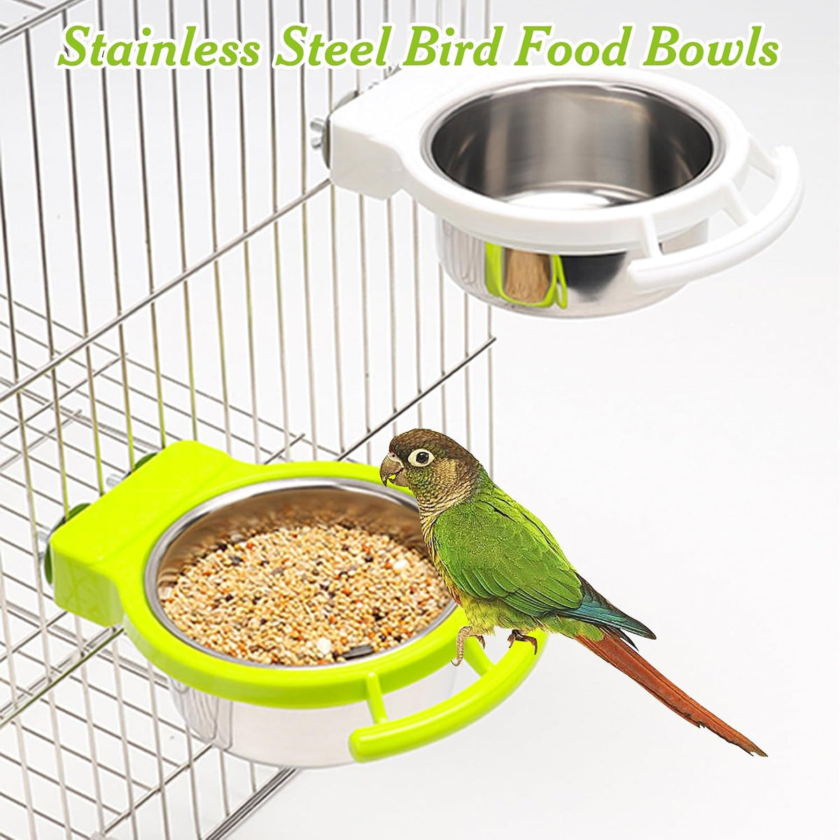 Stainless steel parrot food and water bowls for cage installation