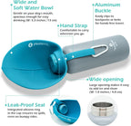 Portable dog water dispenser with aluminum carabiner clip close up.