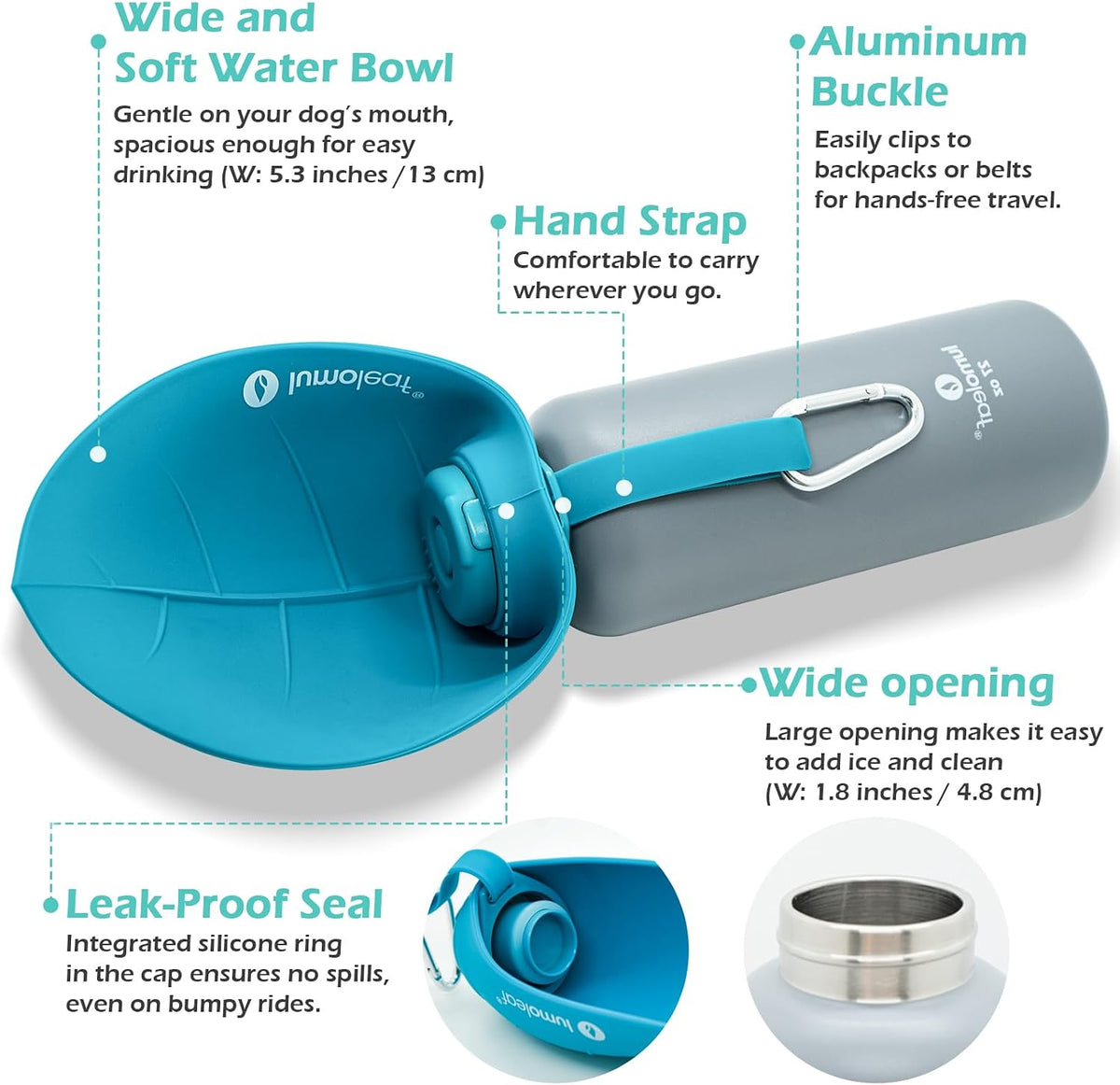 Portable dog water dispenser with aluminum carabiner clip close up.