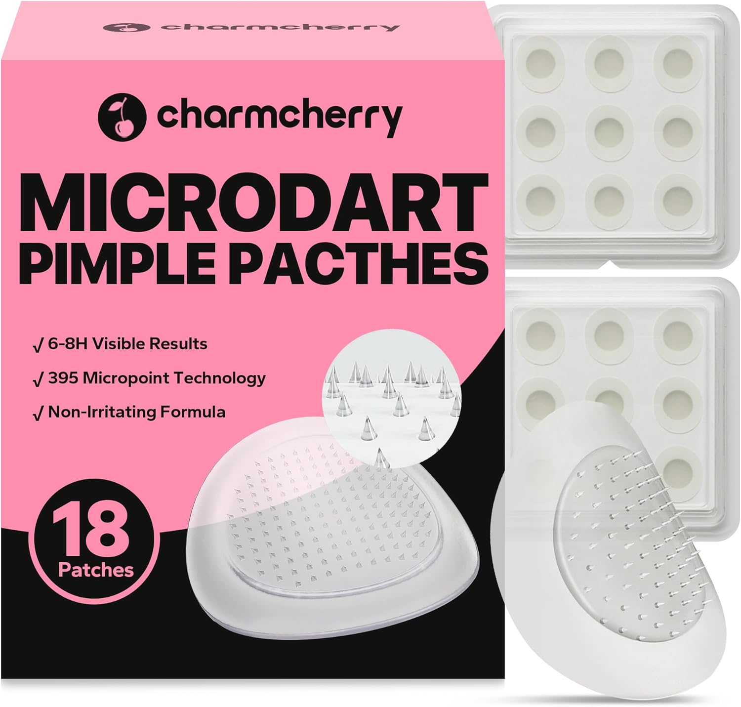 CharmCherry Microdart Pimple Patches 18 Count front view box packaging for targeted acne treatment.