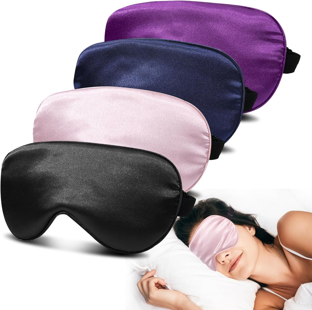 JroyJoy 4 Pack Silk Sleep Mask set featuring black, pink, blue, and purple colors.
