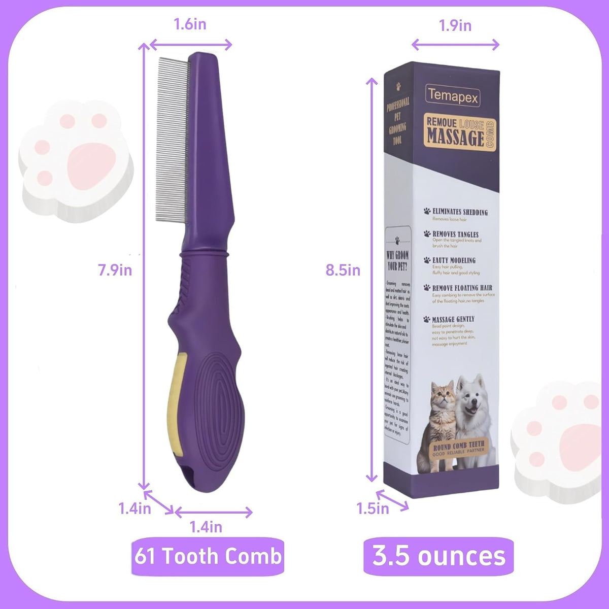 Side profile of Nadusep professional pet grooming flea comb