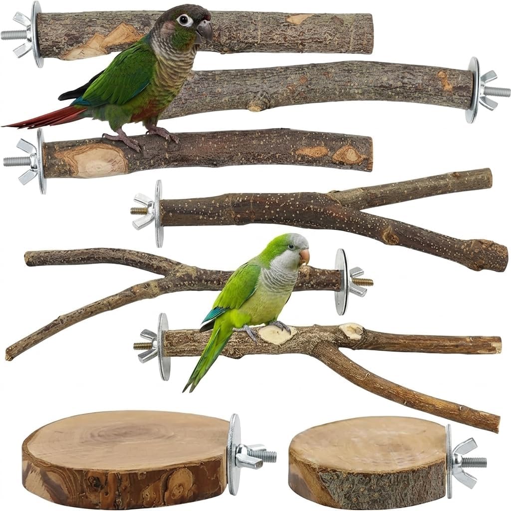 8-Piece Set Natural Wood Bird Perches - Wooden Parrot Stand with Fork Toys, Hanging Multi-Branch Platform, Hammock Swing - Suitable for Parakeets, Budgies - Durable Pet Bird Accessories - Image 1