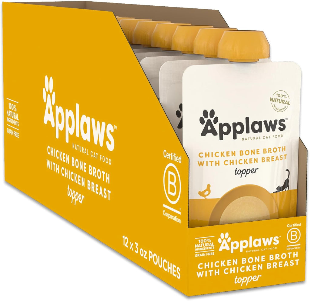 Applaws wet cat food topper selection showcasing natural ingredients and easy pour design.