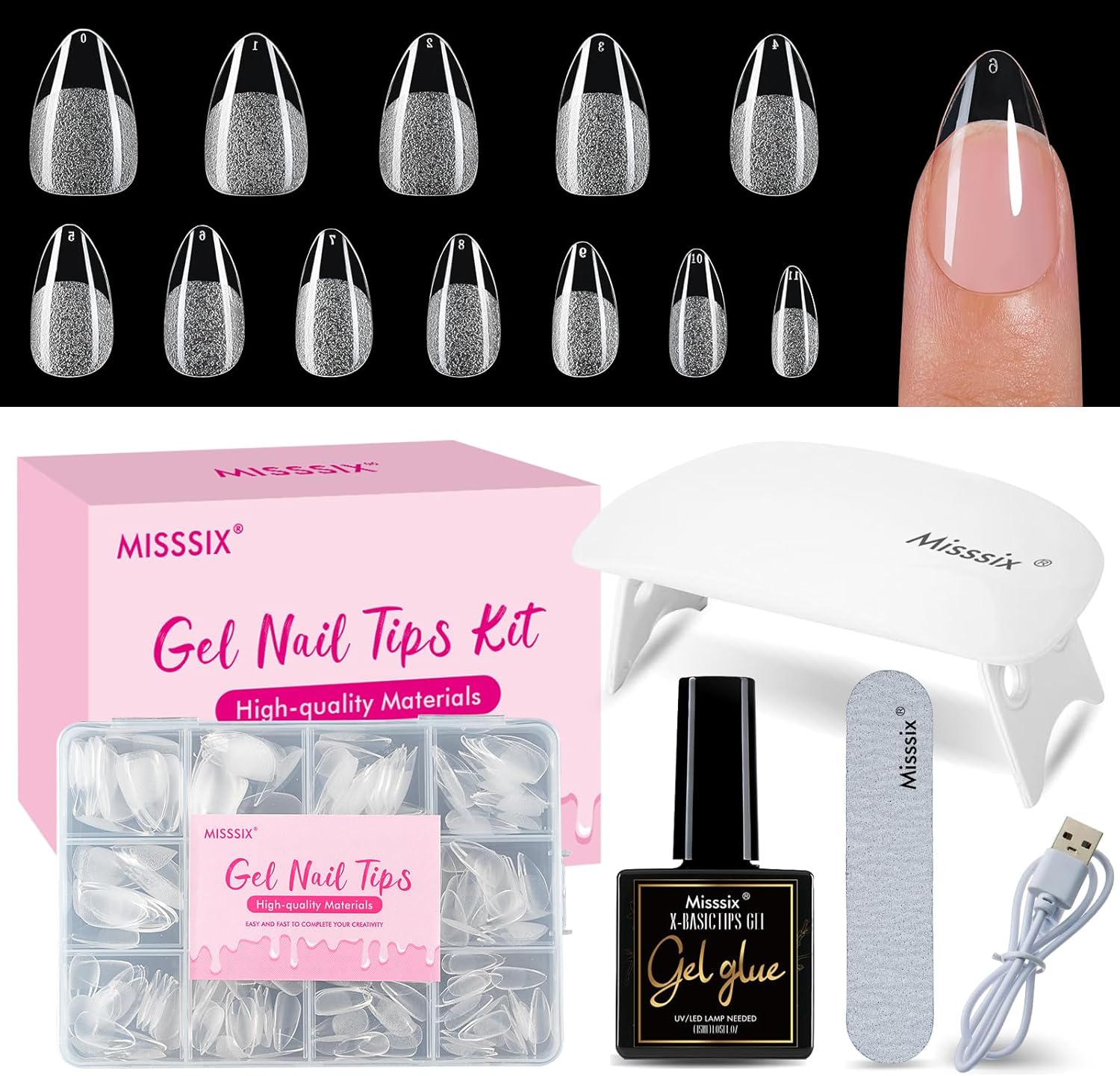Misssix short almond gel nail tips kit with clear fake nails and mini UV lamp