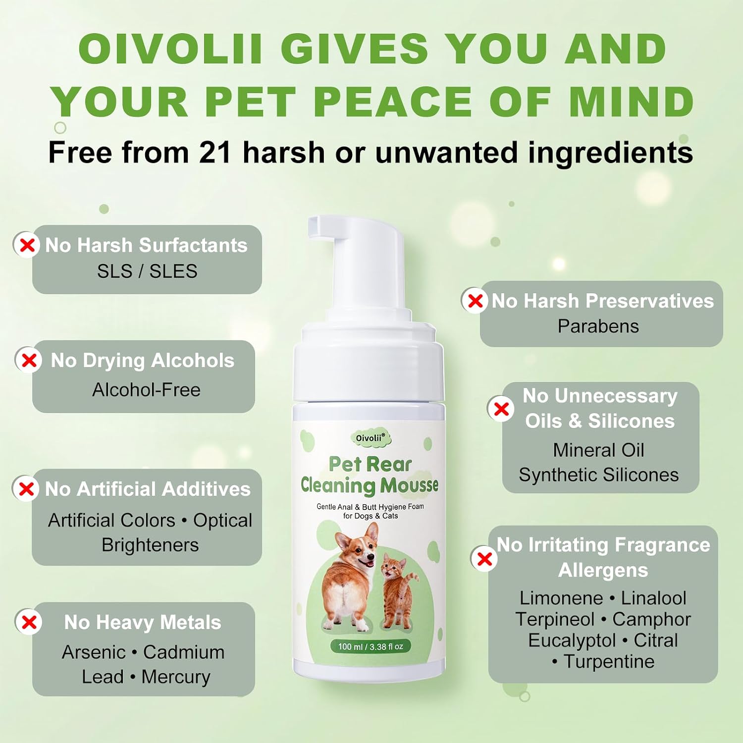 Oivolii waterless cleansing foam for eliminating fishy anal gland odors in cats and dogs