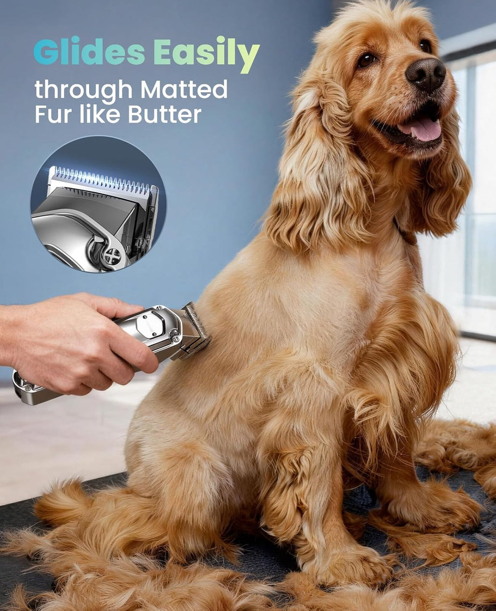 Oneisall cordless pet shaver showing stainless steel blade close up