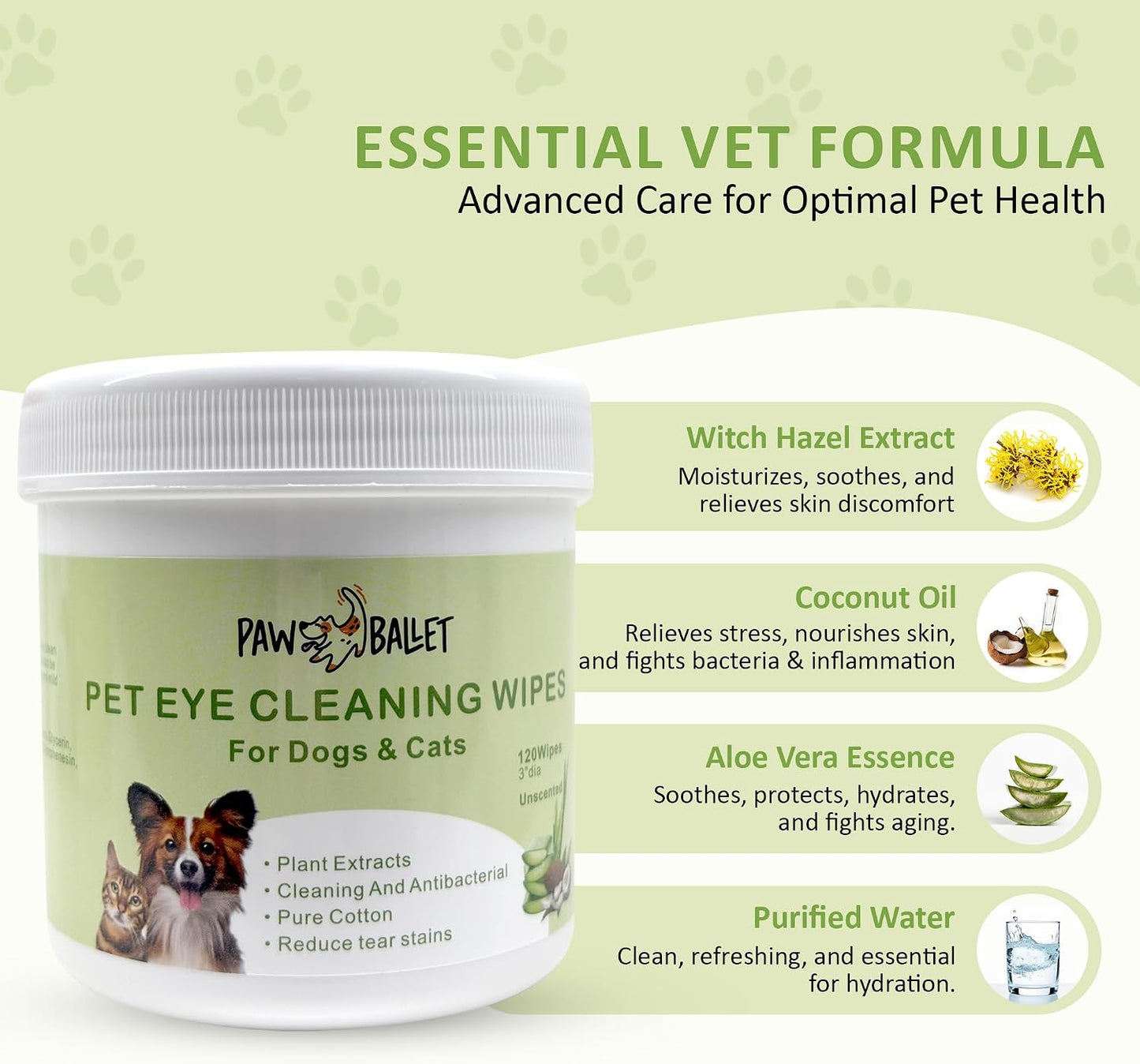 Petvit pet eyelid cleansing wipes container with natural witch hazel and coconut oil ingredients