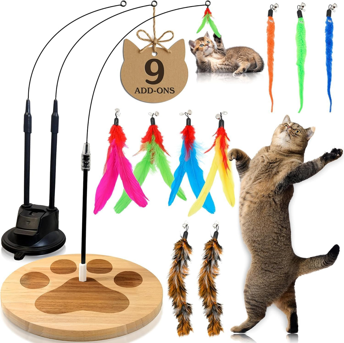 18-Piece Interactive Cat Toys for Indoor Cats, Cat Stuff Heavy Duty Self-Holding Floor Base & Suction Cup - Durable Feather Wand Bird Simulation Self Play Kitten Toys for Bored Adult Cats Juguete Gato - Image 10