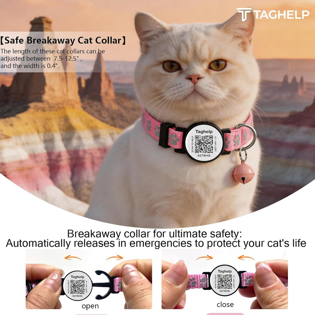 Taghelp reflective cat collar smart QR code ID tag being scanned by a smartphone camera.