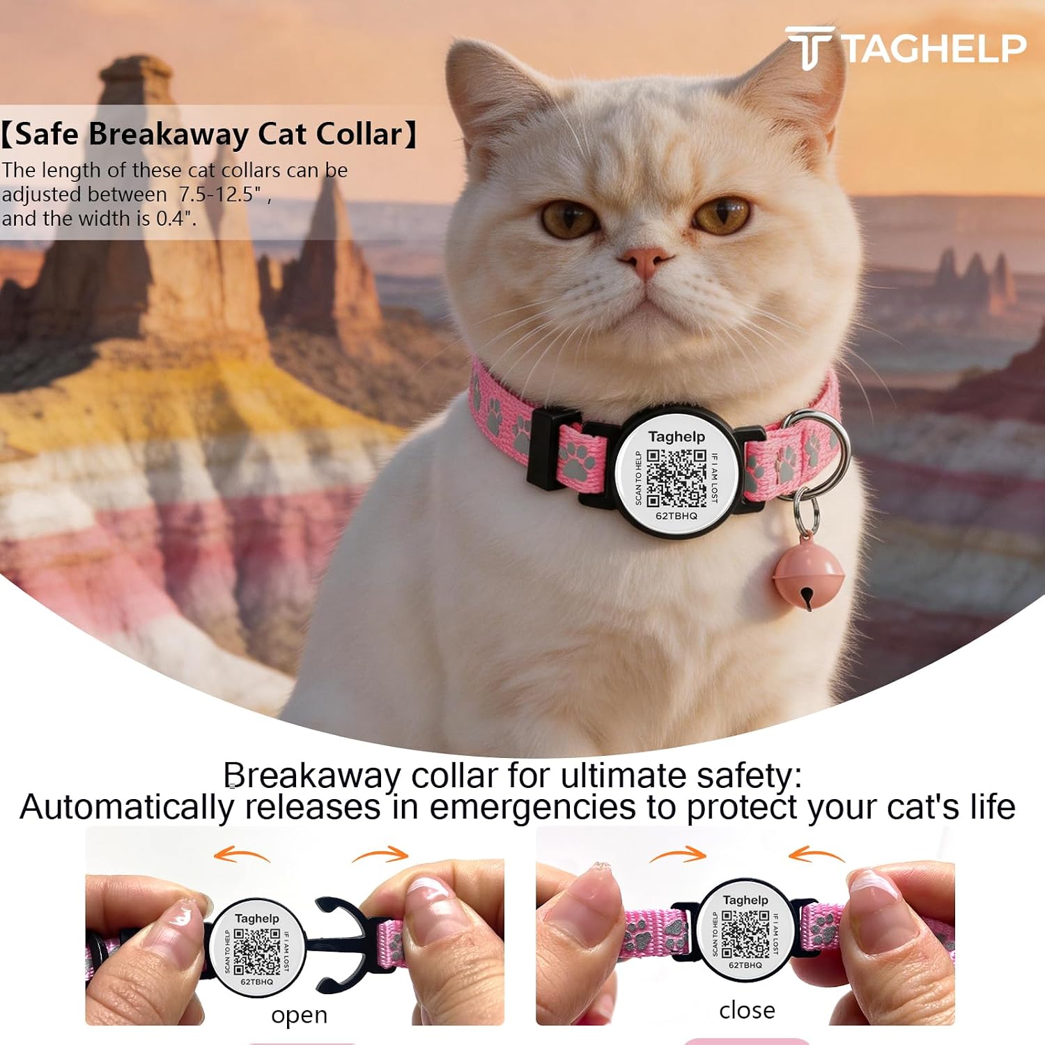 Taghelp reflective cat collar smart QR code ID tag being scanned by a smartphone camera.