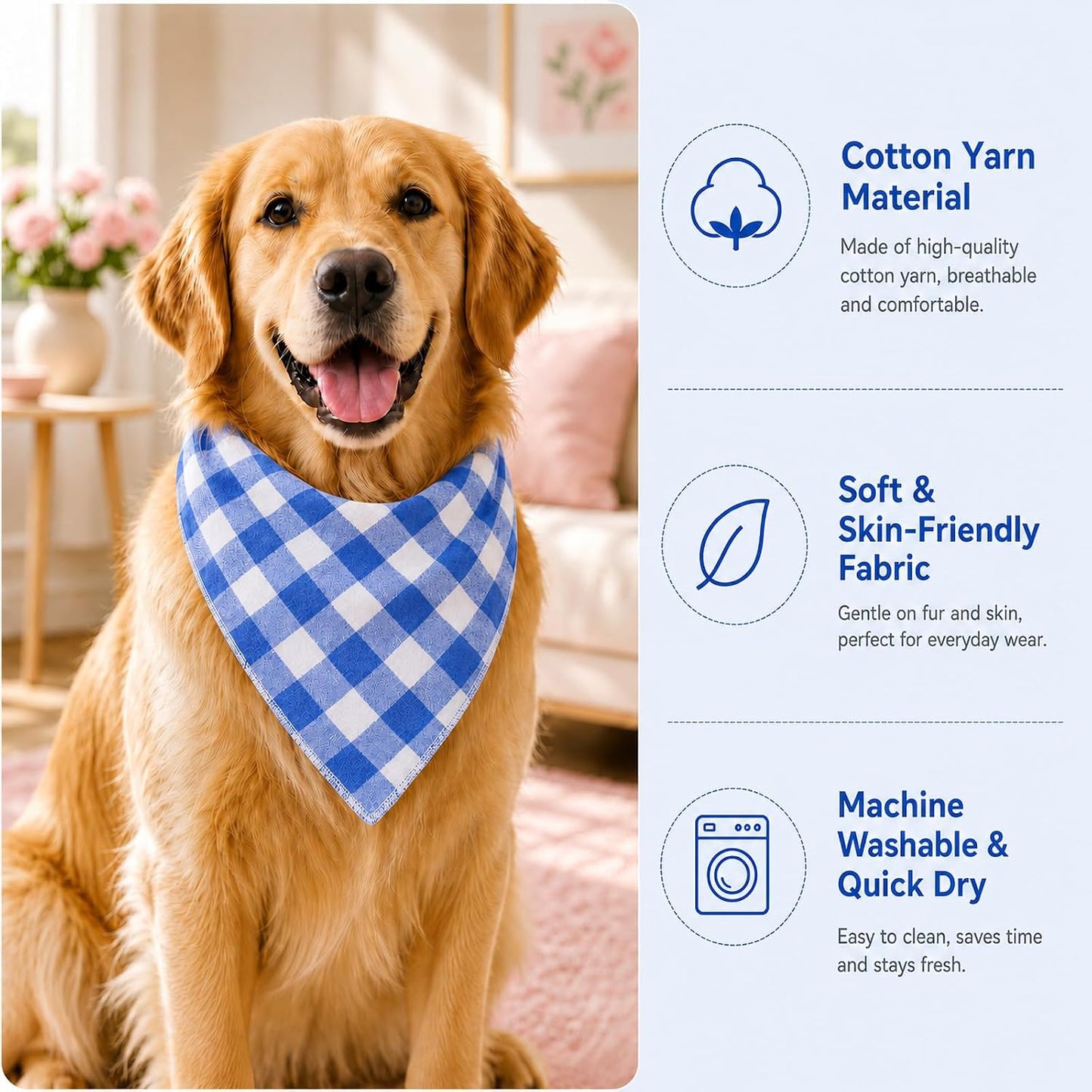 Blue and white plaid kerchief for medium dogs neck up to 18 inches