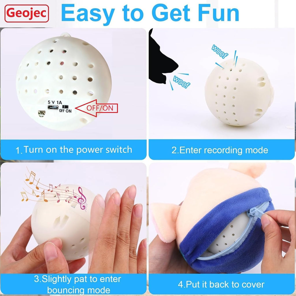 Geojec blue pig dog toy with internal rechargeable ball mechanism