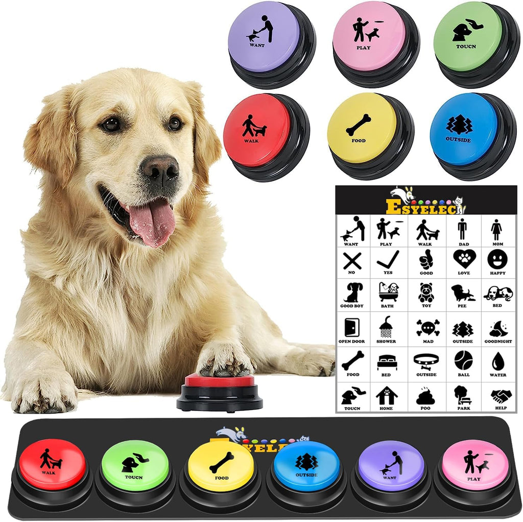 ESYELEC 6 Piece Dog Talking Button Set front view showing six colorful buzzers placed neatly on the black non-slip mat.