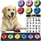 ESYELEC 6 Piece Dog Talking Button Set front view showing six colorful buzzers placed neatly on the black non-slip mat.