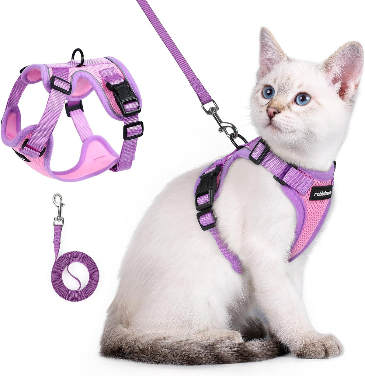 rabbitgoo Cat Harness and Leash Set, Escape Proof Soft Adjustable Vest Harnesses for Outdoor Walking, Easy Control Breathable Kitten Jacket with Reflective Strips, Pink & Purple, X-Small - Image 12