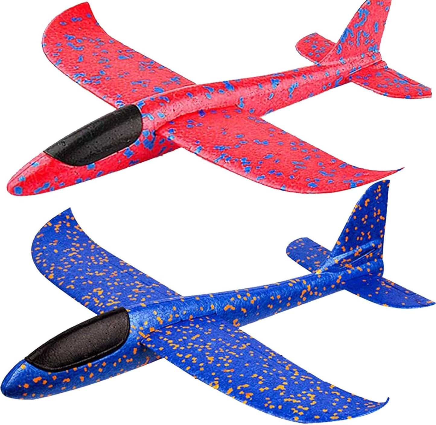 BooTaa two pack airplane toys showing red and blue speckled large throwing foam gliders on a white background.