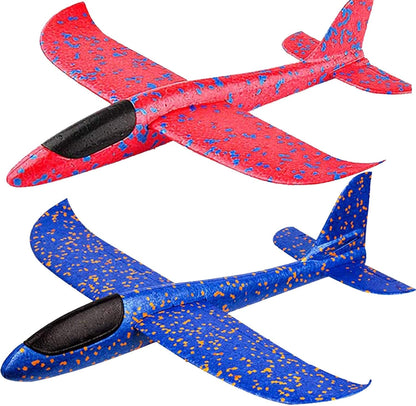 BooTaa two pack airplane toys showing red and blue speckled large throwing foam gliders on a white background.