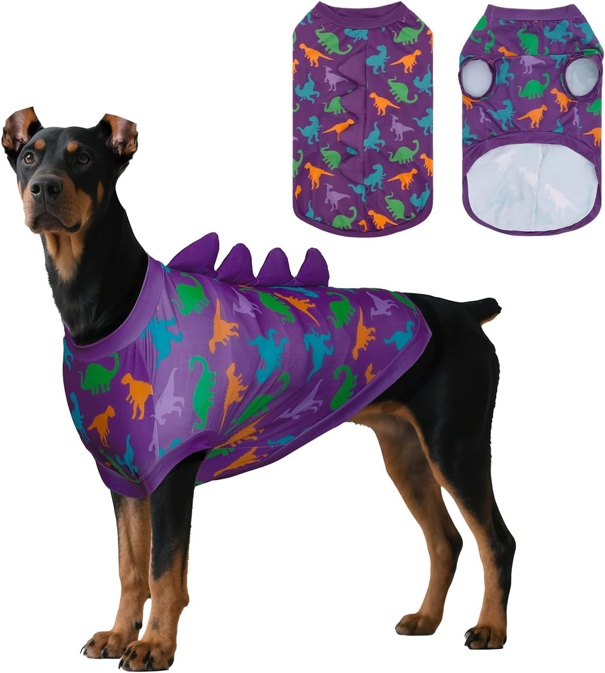 Back view of the purple dog sun shirt featuring colorful horn details.