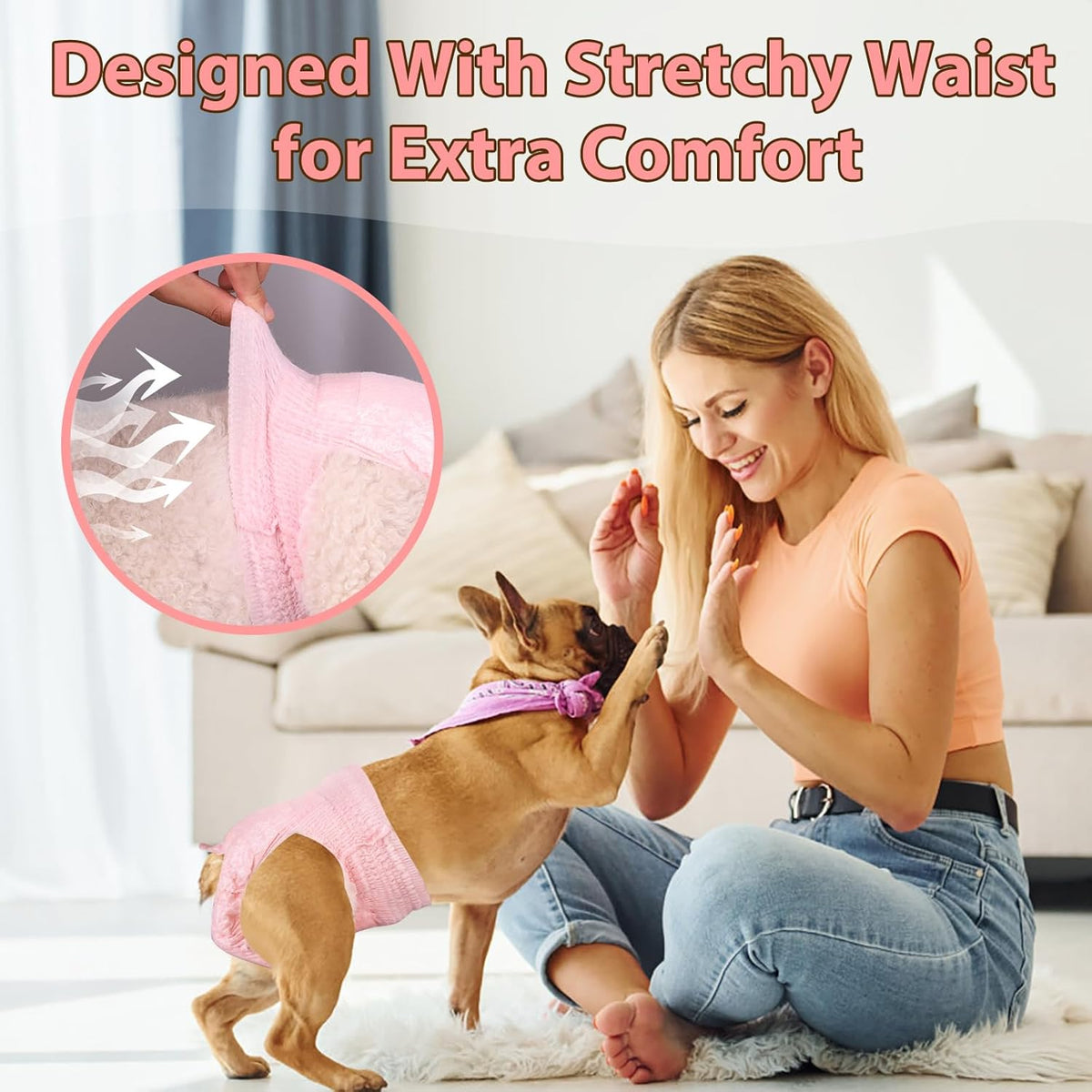 Ambreview absorbent female puppy diaper highlighting the built-in tail hole mechanism