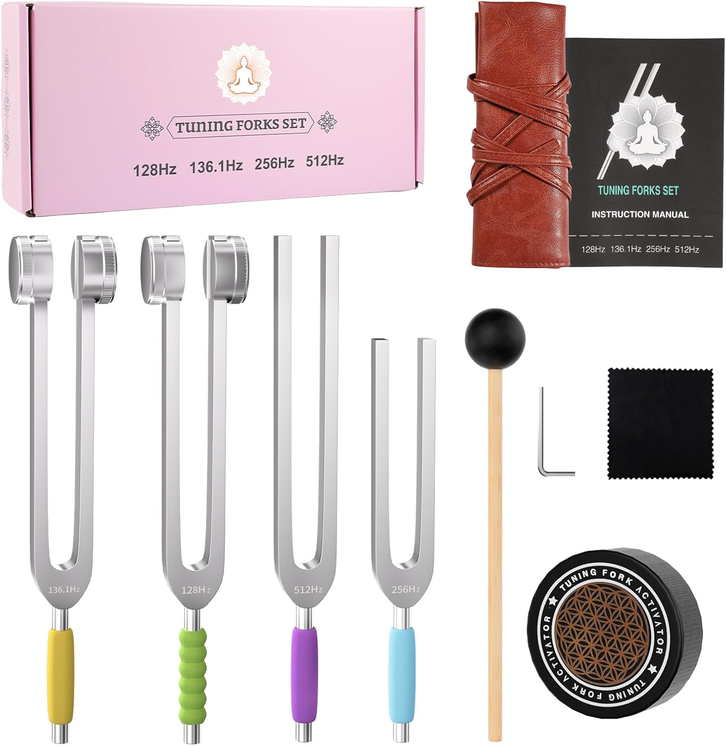LeSage tuning forks for healing set front view in pink storage box