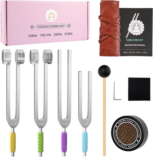 LeSage tuning forks for healing set front view in pink storage box