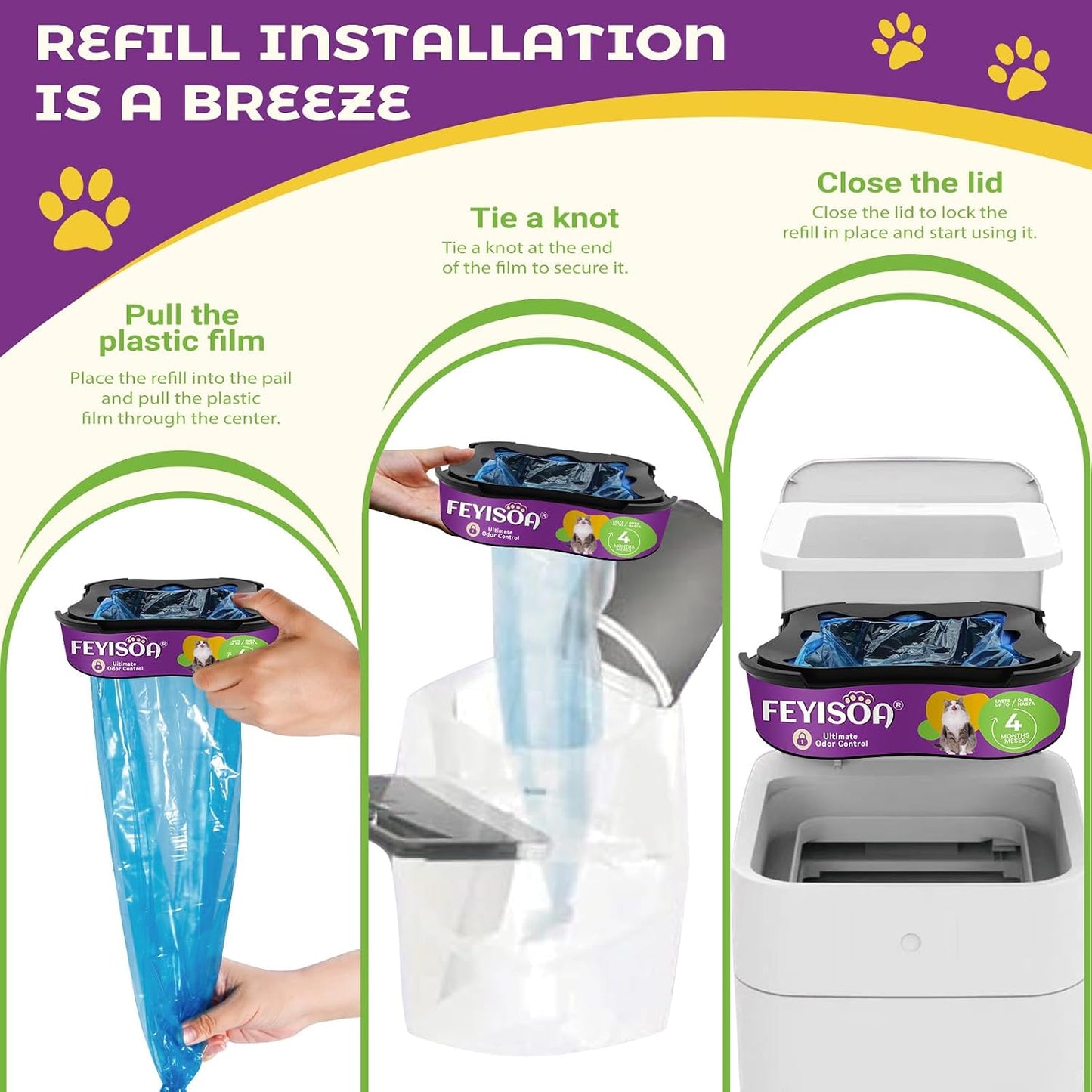 Demonstration of the universal fit compatibility of Kingly refill bags inside a standard pet waste pail.