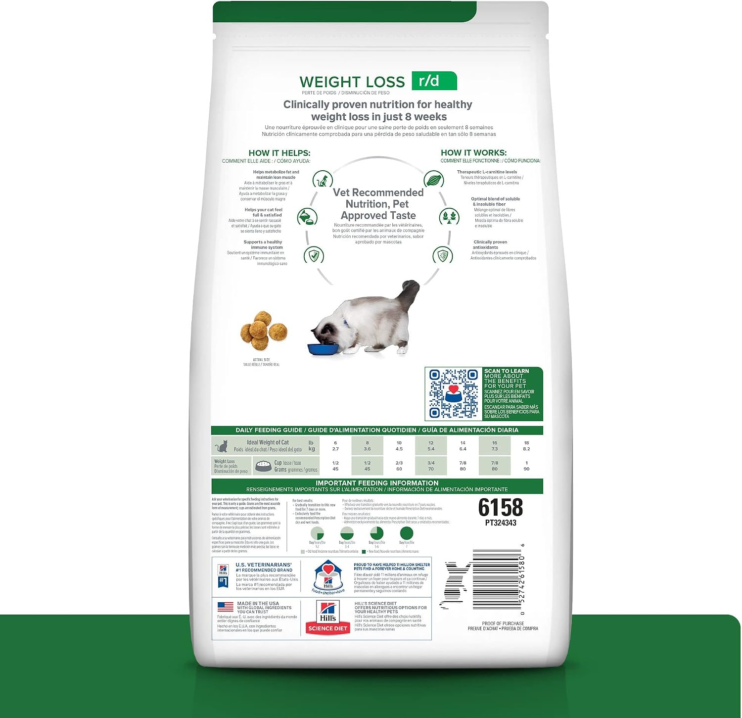 Hill's Weight Reduction Chicken Flavor dry cat food packaging back label